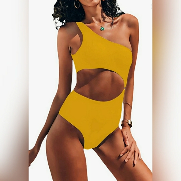 💚One Piece Swimsuit One Shoulder Cut Out High Wai - Picture 5 of 6
